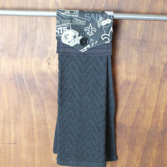 NEW ORLEANS SAINTS BLACK HANDMADE HANGING HAND TOWEL BLACK COTTON HAND TOWEL - Picture 2 of 4